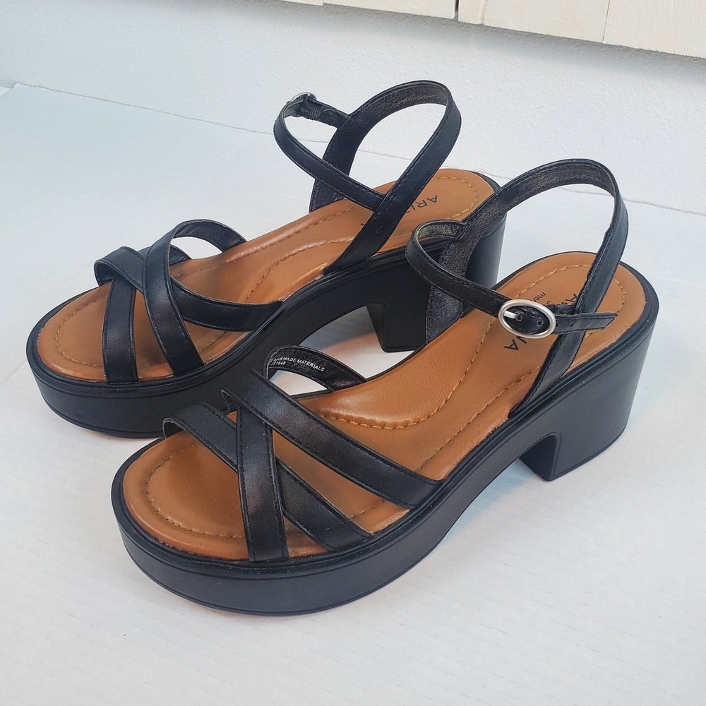 Black Strappy Platform Block Heel Sandals Womens 8M